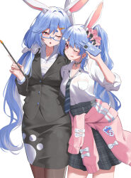  2girls :o :p ;o ;p alternate_costume animal_ear_fluff animal_ears black_jacket black_necktie black_pantyhose black_skirt blue_hair bow breasts cardigan cardigan_around_waist cellphone clothes_around_waist collared_shirt commentary_request extra_ears glasses hair_bow hair_over_shoulder highres holding holding_phone hololive jacket large_breasts long_hair low_side_ponytail mother_and_child mother_and_daughter multicolored_hair multiple_girls necktie official_alternate_costume one_eye_closed open_mouth orange_eyes pantyhose parent_and_child pekomama pencil_skirt pendora1022 phone pink_cardigan plaid_clothes plaid_skirt rabbit-shaped_pupils rabbit_ears rabbit_girl rectangular_eyewear school_uniform semi-rimless_eyewear shirt shirt_tucked_in short_eyebrows side_ponytail simple_background skirt small_breasts smartphone streaked_hair suit_jacket symbol-shaped_pupils thick_eyebrows tongue tongue_out two-tone_hair under-rim_eyewear usada_pekora usada_pekora_(12th_costume) virtual_youtuber white_background white_shirt white_streaks 