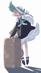  1girl aqua_bow artist_name bag black_dress blonde_hair bow brown_bag closed_mouth commentary dress frilled_dress frills full_body green_bow hand_on_headwear hand_up hat hat_bow hat_ribbon highres holding holding_suitcase long_sleeves looking_at_viewer off-shoulder_dress off_shoulder one_eye_closed original renren_(ah_renren) ribbon shadow shoes short_hair simple_background socks solo suitcase white_background white_hat white_socks wide_sleeves 