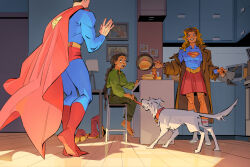 1boy 2girls absurdres animal_collar belt blonde_hair blue_bodysuit blue_eyes bodysuit boots braid brown_coat cabinet cape chair clark_kent coat collar cooking counter dc_comics dog eyewear_on_head food frying_pan full_body green_shirt grin highres holding holding_frying_pan holding_spatula ketchup_bottle kitchen krypto_the_superdog lamp long_sleeves microwave mixing_bowl multiple_girls open_clothes open_coat pancake pancake_stack pants picture_frame red_boots red_cape red_skirt ruthye_marye_knoll shelf shirt sitting skirt smile socks spatula standing sunglasses supergirl supergirl_(2026) supergirl_(movie_costume) superhero_costume superman superman_(2025) superman_(series) superman_logo surprised underwear vickychendraws wall_shelf whisk white_socks 