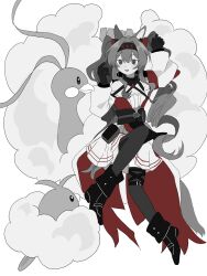  1girl :d altaria angelina_(arknights) angelina_the_mellow_wish_(arknights) animal_ear_fluff animal_ears arknights belt bird boots chinese_commentary collar commentary_request crossover detached_sleeves dress fluffy fox_ears fox_girl full_body gloves hair_between_eyes hairband highres long_hair long_sleeves open_mouth partiaa pokemon pokemon_(creature) simple_background sitting smile swablu thigh-highs twintails white_background zai_yuzhou_de_jintou_yu_gou_dui_fei 
