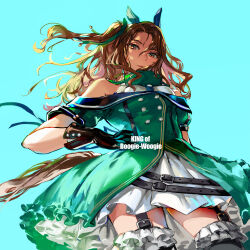  1girl animal_ears bare_shoulders black_garter_straps black_gloves black_thighhighs brown_eyes brown_hair closed_mouth commentary dress ear_covers frilled_thighhighs frills from_below garter_straps gloves green_jacket hand_on_own_hip highres horse_ears horse_girl horse_tail jacket king_halo_(king_of_emeralds)_(umamusume) king_halo_(umamusume) long_hair looking_at_viewer off-shoulder_jacket off_shoulder one_side_up otimusyairoha short_sleeves solo tail thigh-highs umamusume white_dress 