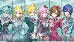  2boys 4girls :d aqua_background aqua_eyes aqua_gem aqua_hair aqua_hat aqua_jacket aqua_skirt artist_name blonde_hair blue_eyes blue_gem blue_hair blue_jacket bob_cut bow bowtie breasts brown_eyes brown_hair buttons closed_mouth column_lineup commentary_request company_name copyright_notice cropped_jacket dot_nose double-parted_bangs english_text flipped_hair frilled_hat frilled_sleeves frills gem gloves green_gem green_hat green_jacket green_pants grey_bow grey_bowtie grey_gloves grey_hat grey_jacket grey_skirt grey_trim grin group_name guest_art hair_between_eyes hair_ornament hairclip half_gloves hand_on_own_hip hand_up hands_up hat hatsune_miku high_ponytail jacket kagamine_len kagamine_rin kaito_(vocaloid) koujisako lapels lens_flare lineup long_hair long_sleeves looking_at_viewer medium_breasts megurine_luka meiko_(vocaloid) mini_hat multiple_boys multiple_girls notched_lapels official_alternate_costume official_art open_clothes open_jacket open_mouth orange_gem pants parallel_hairclips pearl pink_gem pink_hair pink_hat pink_jacket pink_shirt pink_skirt pink_trim ponytail project_sekai puffy_long_sleeves puffy_sleeves red_gem red_skirt red_trim second-party_source shirt short_hair short_ponytail skirt smile standing twintails upper_body v-shaped_eyebrows violet_eyes vocaloid white_shirt 