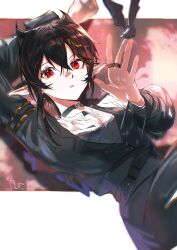  1girl absurdres arknights arm_behind_head bat_on_hand black_choker black_dress black_hair choker commentary_request cowboy_shot dress entelechia_(arknights) hair_horns highres jewelry long_sleeves looking_at_viewer lying multiple_rings on_back parted_lips pointy_ears red_eyes ring short_hair solo sudadachi 