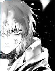  1boy bad_source black_background closed_mouth collar dixieyyds expressionless light_particles looking_at_viewer male_focus monochrome naruto_(series) naruto_shippuuden robe short_hair simple_background sketch solo 