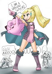  3girls :d arm_behind_back arm_up artist_name bad_link blonde_hair blush_stickers bodysuit boots center-flap_bangs character_request clefairy closed_eyes closed_mouth commentary cosplay crying english_commentary english_text fang fire_emblem gem gloves green_eyes hair_between_eyes high_braided_ponytail highres knee_boots kneeling lillie_(pokemon) long_hair lusamine_(pokemon) multiple_girls nowi_(fire_emblem) nowi_(fire_emblem)_(cosplay) o_o open_mouth pearl pink_bodysuit pink_gloves pointing pokemon purple_boots reaching reaching_towards_another sarahc simple_background sleeveless sleeveless_bodysuit smile sparkle_hair_ornament streaming_tears tareme tears thumbs_up trembling v-shaped_eyebrows very_long_hair white_background 
