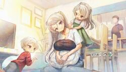  2boys 2girls breasts chair commission conte_di_cavour_(kancolle) family from_below grey_pants hands_on_own_stomach if_they_mated indoors jewelry kantai_collection large_breasts mother_and_child mother_and_daughter mother_and_son multiple_boys multiple_girls pants parent_and_child pregnant ring shirt skeb_commission table two_side_up water wedding_ring white_shirt wss_(nicoseiga19993411) 