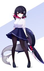  1girl absurdres black_hair black_pantyhose black_shoes blue_skirt breasts colored_inner_hair commentary_request ellen_joe ellen_joe_(on_campus) fins fish_tail from_side full_body highres holding holding_scissors holding_weapon large_tail linefee23 looking_at_viewer medium_breasts mole mole_under_eye multicolored_hair official_alternate_costume pantyhose razor_blade_hair_ornament red_eyes red_nails scissors shark_girl shark_tail shirt shoes skirt solo tail weapon white_shirt zenless_zone_zero 