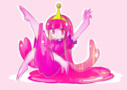  1girl absurdres adventure_time animification barefoot blush colored_skin commentary_request crown dress highres long_hair pink_eyes pink_hair pink_skin prince princess princess_bonnibel_bubblegum rakugaki_shitagari-ya simple_background tiara very_long_hair 