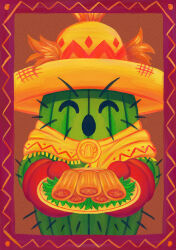  absurdres blonde_hair border boxing_gloves brooch brown_background cactus closed_eyes commentary cowboy_shot digimon digimon_(creature) english_commentary feeding_viewer giving gloves hair_through_headwear hat highres holding holding_plate iggyness inset_border jewelry no_humans ornate_border plant_monster plate poncho red_gloves simple_background solo sombrero spines togemon_x-antibody yellow_poncho 