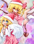  ankle_garter artist_request bag bags blonde_hair blue_eyes child christmas fang flandre_scarlet footwear garters hagizyunn hat highres kneehighs laevatein long_hair moriya_suwako multiple_girls red_eyes sack santa_hat smile socks thigh-highs thighhighs touhou wings 