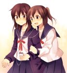  :d blush brown_eyes brown_hair cardigan copyright_request digital_media_player earbuds earphones hachiko_(hati12) long_hair multiple_girls open_cardigan open_mouth ponytail school_uniform serafuku shared_earphones shared_headphones skirt smile 