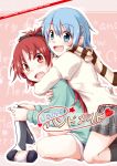  blue_hair blush fang hair_ornament hairclip hoodie hug hug_from_behind knitting long_hair mahou_shoujo_madoka_magica miki_sayaka open_mouth red_eyes red_hair redhead sakura_kyouko scarf school_uniform short_hair sweatdrop tatsuno_ryou 