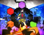  bike_shorts black_hair ene_(kagerou_project) gas_mask headphone_actor_(vocaloid) hexagon highres long_hair pichoko red_eyes shoes skirt solo twintails vocaloid 