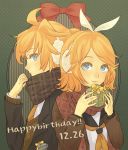  1girl blonde_hair blue_eyes brother_and_sister earmuffs gift hair_ribbon happy_birthday kagamine_len kagamine_rin ladybird8n necktie ribbon scarf school_uniform short_hair siblings smile twins vocaloid 