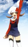  brown_eyes brown_hair cabbie_hat cloud hat hat_ribbon hirococo hirococo_(hakka) kotone_(pokemon) lowres overalls pokemon pokemon_(game) pokemon_gsc pokemon_hgss red_ribbon ribbon short_twintails sky solo twintails 