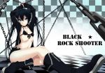  arms_up bikini_top black_hair black_rock_shooter black_rock_shooter_(character) blue_eyes bondage boots chain chains checkered checkered_background checkered_floor collarbone flat_chest long_hair looking_at_viewer navel open_mouth scar short_shorts shorts sitting solo tied_up twintails yonggi 