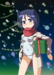  arcana_heart black_hair blue_eyes blue_hair blush bow breasts carrying_under_arm christmas christmas_tree coat daidouji_kira gift holding holding_gift kuroshin present scarf school_swimsuit school_uniform short_hair small_breasts solo swimsuit white_school_swimsuit 