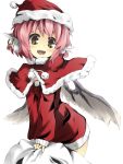  alternate_costume alternate_eye_color animal_ears brown_eyes capelet dress earrings fang hat highres jewelry leaning_forward long_sleeves md5_mismatch mystia_lorelei open_mouth pink_hair red_dress sack santa_costume santa_hat short_hair simple_background smile solo touhou urimono white_background wings 