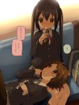  black_hair blush brown_eyes brown_hair drinking eating hair_ornament hairclip highres hirasawa_yui k-on! lap_pillow long_hair mentos multiple_girls nakano_azusa nanashiwan pepsi short_hair sitting soda translated translation_request twintails 