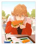  barnaby_brooks_jr blonde_hair eating erika_(sakana0529) french_fries glasses green_eyes jacket male red_jacket sandwich solo tiger_&amp;_bunny 