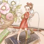  apple_inc. arrietty bag barefoot boots brown_eyes brown_hair cellphone clorets clothes_pin dress earbud earbuds flower holding iphone karigurashi_no_arrietty kiichi minigirl no_nose pencil phone ponytail single_shoe solo 