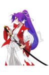  hakama japanese_clothes kataginu katana kimono long_hair lowres meira ponytail profile purple_hair samurai serious solo soumendaze sword touhou touhou_(pc-98) watermark weapon 