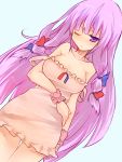  blush bow breasts camisole cleavage hair_bow long_hair oshiruko_(tsume) patchouli_knowledge purple_eyes purple_hair simple_background solo strap_slip touhou tsume_(artist) violet_eyes wink wrist_cuffs 