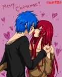  blush couple earrings erza_scarlet fairy_tail food fruit hair_over_one_eye heart highres jellal_fernandes jewelry kiss long_hair matchbou merry_christmas red_hair redhead shared_food strawberry strawberry_kiss tattoo 