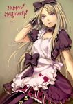  alice_(wonderland) alice_(wonderland)_(cosplay) alice_in_wonderland apron axis_powers_hetalia belarus_(hetalia) blonde_hair blood bow cosplay dress gloves hair_bow hair_ribbon halloween happy_halloween long_hair pantyhose petticoat purple_eyes ribbon riku_(me-in) solo violet_eyes 