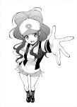  :d antenna_hair baseball_cap denim denim_shorts foreshortening greyscale hands hat hirococo hirococo_(hakka) monochrome open_mouth outstretched_arm outstretched_hand pokemon pokemon_(game) pokemon_black_and_white pokemon_bw ponytail shorts simple_background smile solo touko_(pokemon) vest white_background 