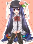 1girl blue_hair boots hand_to_hat hat hinanawi_tenshi long_hair red_eyes solo touhou