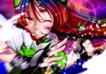  bad_id blood braid clenched_hand fist gloves hair_ribbon hat hong_meiling long_hair red_eyes red_hair redhead ribbon solo torio_k touhou twin_braids wince 