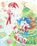  alternate_outfit belt blue_eyes christmas_nights_into_dreams christmas_tree floating green_eyes jester jester_hat jewels looking_at_viewer nights open_mouth present santa_costume sega shoes sonic_the_hedgehog stars white_gloves 