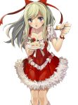  :o blue_eyes blush bow breasts cake christmas cleavage collarbone dragon_maker food fork green_hair hair_bow hat heart kneehighs long_hair looking_at_viewer matsui_hiroaki open_mouth red_dress santa_costume santa_hat simple_background solo white_background 