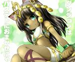  1girl animal_ears bastet_(p&amp;d) black_hair blush bracelet cat_ears green_eyes inyucchi jewelry leg_ribbon long_hair looking_at_viewer puzzle_&amp;_dragons shirt sitting skirt smile solo tank_top tiara 