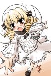  akou_roushi alternate_costume blonde_hair chestnut_mouth drill_hair fairy luna_child open_mouth red_eyes ribbed_sweater skirt solo sweater tears touhou tripping 