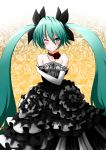  aqua_eyes aqua_hair bad_id bare_shoulders blush choker crossed_arms dress elbow_gloves gloves gown hatsune_miku highres jewelry long_hair necklace niyang53 smile solo strapless_dress twintails very_long_hair vocaloid wink 