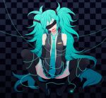  :p aqua_hair arms_behind_back blindfold detached_sleeves digital_media_player hatsune_miku highres long_hair necktie open_clothes open_shirt shirt skirt smile solo takesouko thigh-highs thighhighs tongue twintails very_long_hair vocaloid zettai_ryouiki 
