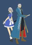  absurdres apron blue_eyes boots bow braids devil_may_cry green_eyes highres izayoi_sakuya maid male silver_hair touhou vergil 