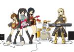  5girls akiyama_mio bare_shoulders bass_guitar black_hair blonde_hair blue_eyes boots brown_eyes brown_hair cosplay detached_sleeves drum fingerless_gloves gloves guitar hatsune_miku hatsune_miku_(cosplay) headphones hirasawa_yui instrument k-on! kagamine_rin kagamine_rin_(cosplay) kaito kaito_(cosplay) kotobuki_tsumugi long_hair megurine_luka megurine_luka_(cosplay) meiko meiko_(cosplay) multiple_girls nakano_azusa necktie parody short_hair skirt smile synthesizer tainaka_ritsu thigh-highs thighhighs twintails vocaloid yamaha yules 