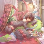  alternate_costume asymmetrical_wings bare_shoulders bed black_hair cake casual cup food highres houjuu_nue lying on_stomach pillow red_eyes rojiko short_hair solo sweater touhou wings 