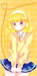  1girl 8hachio argyle argyle_background blonde_hair blue_dress brown_eyes dress hairband heart heart_of_string kise_yayoi necktie precure short_hair shy skirt smile_precure! solo sweater v_arms yellow yellow_background 