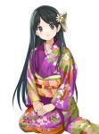  aqua_eyes black_hair blue_eyes blush copyright_request flower flower_on_head hair_flower hair_ornament hands_together japanese_clothes kimono long_hair looking_at_viewer matsui_hiroaki obi seiza simple_background sitting smile solo white_background 