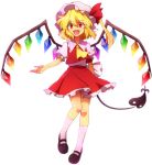  ascot blonde_hair fang flandre_scarlet frills hanjuku_tomato hat hat_ribbon kneehighs mary_janes open_mouth red_eyes ribbon shirt shoes short_hair side_ponytail simple_background skirt skirt_set solo tail the_embodiment_of_scarlet_devil touhou vest white_background white_legwear wings 