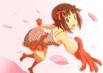 amami_haruka bare_shoulders boots brown_hair dress gloves green_eyes hair_ribbon highres idolmaster open_mouth outstretched_arm outstretched_hand petals ribbon santa_boots short_hair smile solo suneo_(goten) 