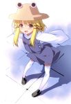  blonde_hair dress full_body hair_ribbon hat leaning_forward long_sleeves moriya_suwako okina_sai open_mouth outstretched_arms ribbon sleeves_past_wrists smile solo spread_arms standing thigh-highs thighhighs touhou white_legwear yellow_eyes zettai_ryouiki 