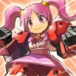  armor edobox emphasis_lines fusion gdgd_fairies gundam gundam_age gundam_age-1_titus kaname_madoka light_smile looking_at_viewer mahou_shoujo_madoka_magica mecha_musume mechanical_arms mechanical_legs parody pikupiku pink_eyes pink_hair pose skirt solo twintails 