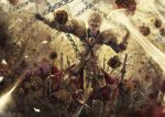  armor blonde_hair chain chains earrings fate/stay_night fate/zero fate_(series) field_of_blades gilgamesh highres jesdset jewelry male red_eyes rock short_hair sword weapon 
