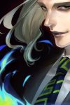  blue_fire close-up fire formal green_eyes grey_eyes grey_hair lips long_hair male necktie ogawa_kuro pale_skin silver_hair smile solo suit tiger_&amp;_bunny yuri_petrov 