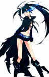  absurdres bad_id bikini_top black_hair black_rock_shooter black_rock_shooter_(character) blue_eyes boots glowing glowing_eyes highres long_hair midriff navel shorts simple_background solo twintails uneven_twintails zombie_neko 